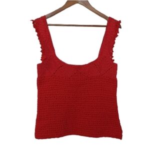 Blood Orange Boho Crochet Tank Top - Scalloped Hem Knit Shell - Size L